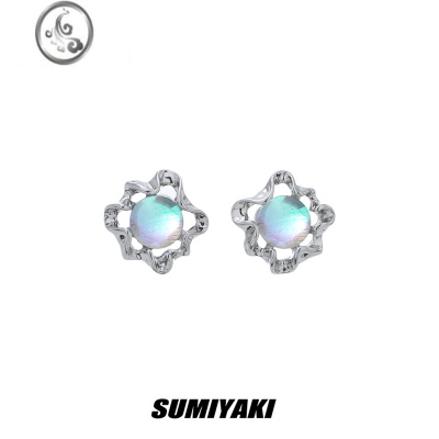 JiMi月蚀原创设计小花月光石耳钉s925银针通勤百搭耳饰