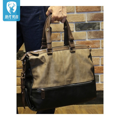 精品特卖-现代男孩（XIANDAINANHAI）男包休闲单肩包韩版潮包手提包单肩斜挎包跨包软皮质大包图片色