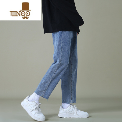 YANXU2023夏季蓝色九分牛仔裤男毛边宽松直筒潮流港风阔腿长裤子男生款