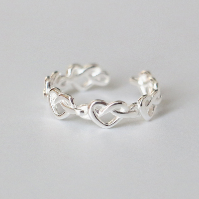 S925通体纯银爱心戒指开口设计精致亮银色绳结食指编织指环女饰品送女朋友老婆情人节七夕生日礼物