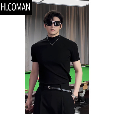 HLCOMAN王嘉儿同款半高低领短袖t恤男潮牌痞帅修身百搭打底上衣体恤
