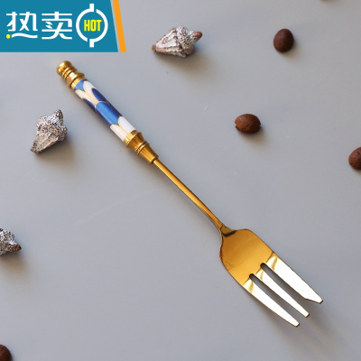 敬平北欧水果叉子套装不锈钢小叉子家用水果签果插创意甜品叉蛋糕叉 繁花蓝