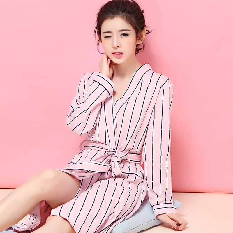 睡衣韩版长袖睡袍女秋季加厚宽松条纹款纯棉加大码中长款日式浴袍