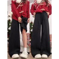 黑色灯芯绒裤子女冬季加绒加厚保暖棉裤外穿小个子休闲阔腿裤