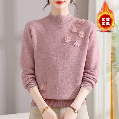 中领妈妈上衣女针织衫洋气中老年人毛线衫加绒保暖冬装打底50岁女