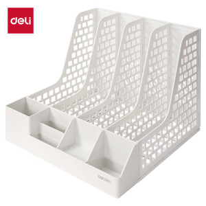 得力 文件框栏 莫兰迪桌面档案收纳盒办公室报告书籍学生书立架文件篮筐置物整理架自带笔筒 PB106