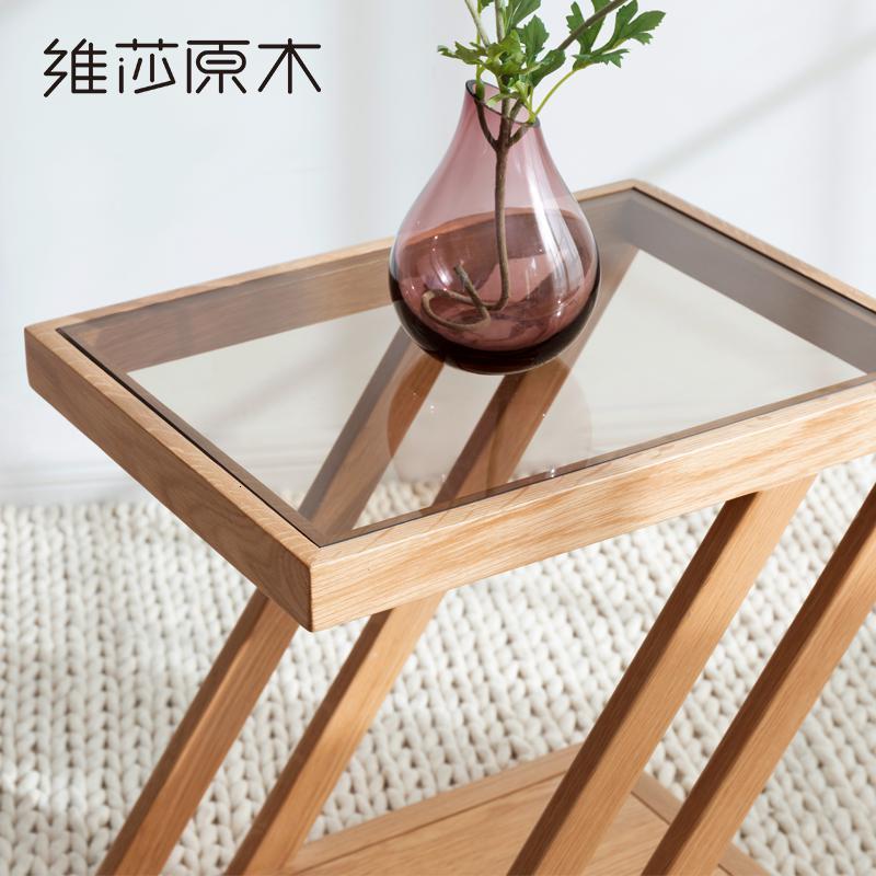 森美人北欧简约现代客厅钢化玻璃面创意茶几橡木框架边几角几咖啡桌