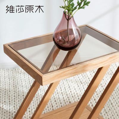 森美人北欧简约现代客厅钢化玻璃面创意茶几橡木框架边几角几咖啡桌