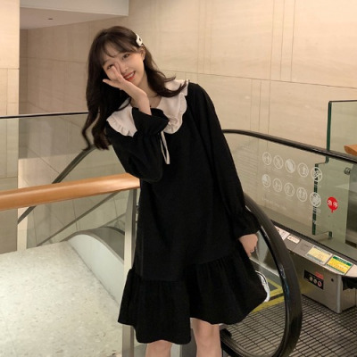 恋名媛大码女装2020年新款春秋装娃娃领黑色裙子宽松遮肚胖mm显瘦连衣裙大码女装