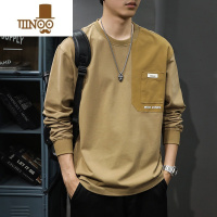 YANXU秋季潮牌复古长袖t恤男宽松大码拼接口袋打底衫圆领卫衣