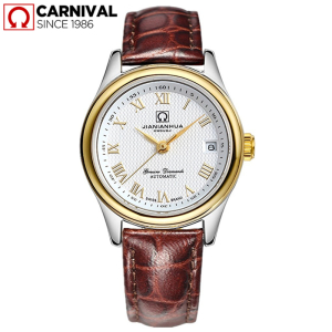 瑞士嘉年华Carnival瑞士手表全自动机械表 女士防水潮流手表学生金属钢带腕表休闲时尚皮带女表女神表清新秀气8830