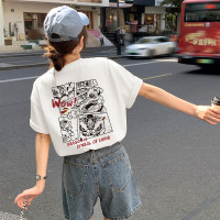 [2.5折价50元叠加优惠券]唐狮夏季女圆领后背潮酷漫画图案中短袖T恤休闲慵懒风潮流