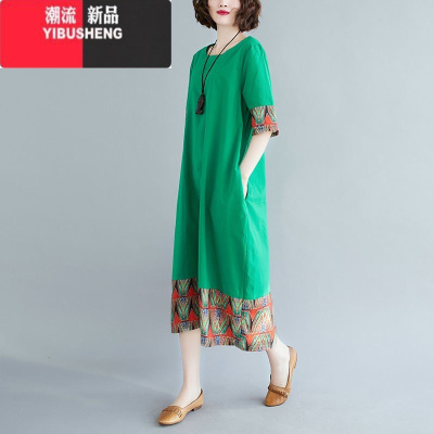 YIBUSHENG2023装民族风复古撞色拼接印花短袖连衣裙大码宽松减龄中长裙女