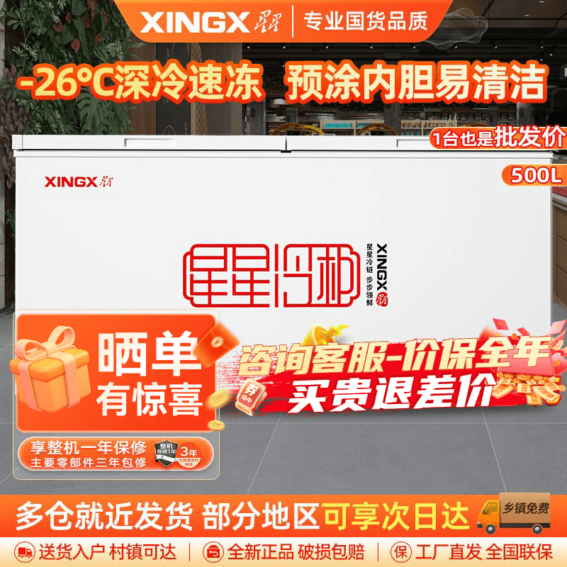 星星(XINGX) 500升 商用卧式冷柜 冷藏冷冻转换 冰柜 商用保鲜设备 微霜系统 节能省电 BD/BC-500R