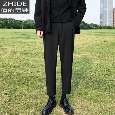 SUNTEK垂感休闲小西裤男直筒宽松春秋新款韩版黑色西装裤松紧腰西服裤子西裤