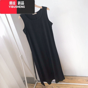 YIBUSHENG特大码300斤季无袖宽松胖MM显瘦洋气百搭法式开叉打底连衣裙女2