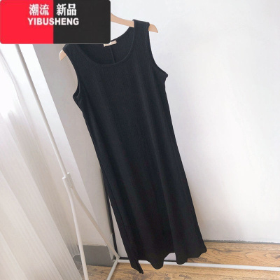 YIBUSHENG特大码300斤季无袖宽松胖MM显瘦洋气百搭法式开叉打底连衣裙女2