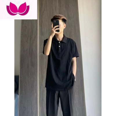 七斓美式校园复古短袖polo衫男潮ins超火学生西裤网红纯色翻领t恤