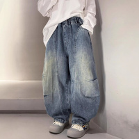 男童牛仔裤春秋款2026新款青少年男孩时髦裤子儿童春装阔腿裤