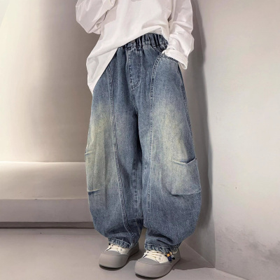 男童牛仔裤春秋款2026新款青少年男孩时髦裤子儿童春装阔腿裤