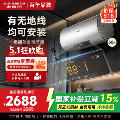 AO史密斯60升电热水器 无地线可安装 专利安全隔电 金圭内胆 速热节能 一键中温保温SCE-60DX2 预约洗浴