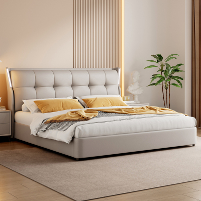 意式纳帕真皮床轻奢现代简约双人床主卧室实木储物床家用软包婚床