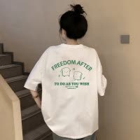 [2.5折价53元]唐狮夏季女圆领背后图案短袖T恤减龄百搭学院风休闲慵懒风