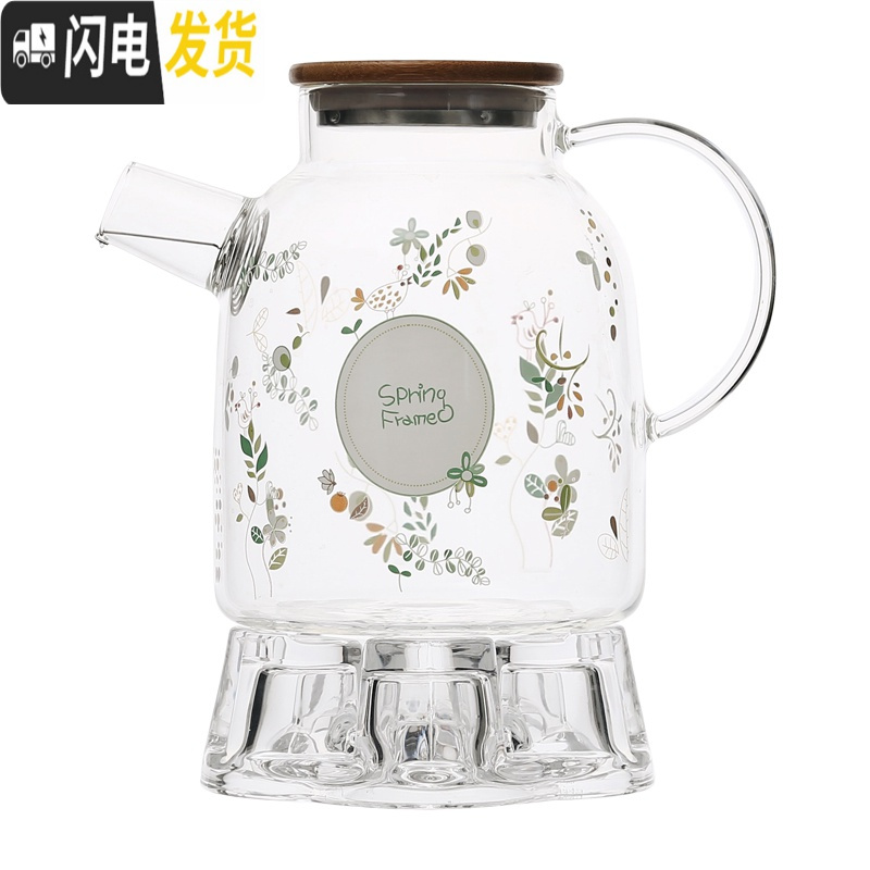 三维工匠日式加热玻璃花茶茶具套装带过滤耐热防爆下午茶茶壶家用水果茶壶 春意大壶+烛台