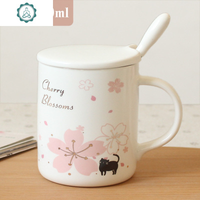 日式樱花马克杯带盖勺杯子创意个性潮流陶瓷办公室咖啡水杯女封后