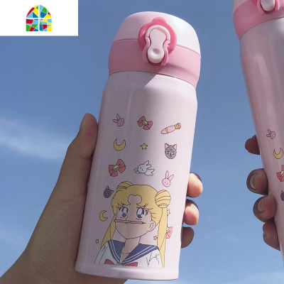 ins风韩版美少女保温杯女学生可爱简约少女便携个性不锈钢水杯子 FENGHOU 500白色火烈鸟+桃子背带+杯刷