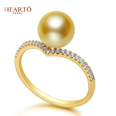 海瞳14K金南洋珍珠戒指9-10mm正圆金色海水珍珠戒指珍珠送爱人浓金-9-10mm精选无瑕