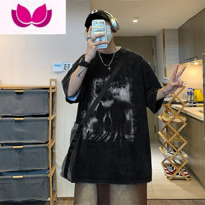 七斓美式复古水洗做旧短袖T恤男夏季潮牌暗黑风印花高克半袖