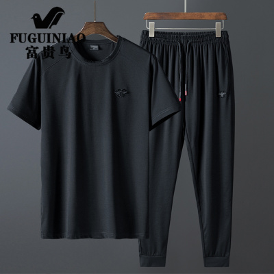 富贵鸟加肥加大码男士休闲短袖套装肥佬宽松九分裤套装胖子夏季一套衣服