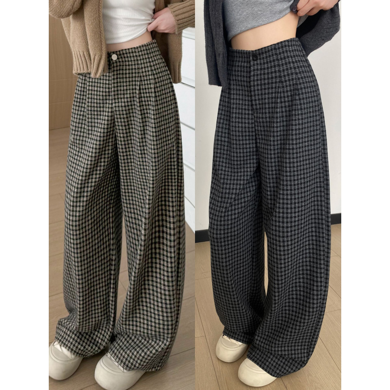 格子裤子女新款秋季高腰显瘦宽松bf慵懒风直筒休闲窄版阔腿裤