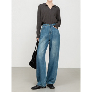 年秋季时尚垮裤弯刀拖地裤大牛刺绣牛仔裤女