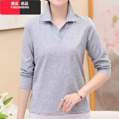YIBUSHENGt恤女七分袖宽松翻领棉春装中袖上衣韩版带领中年妈妈装polo衫
