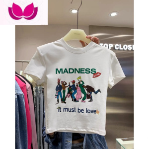 七斓美式复古垫肩字母印花短袖T恤女2023春季新款辣妹短款露脐打底衫