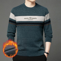 冬季青年加绒加厚针织衫圆领保暖时尚毛衣条纹毛衣男装工厂直销