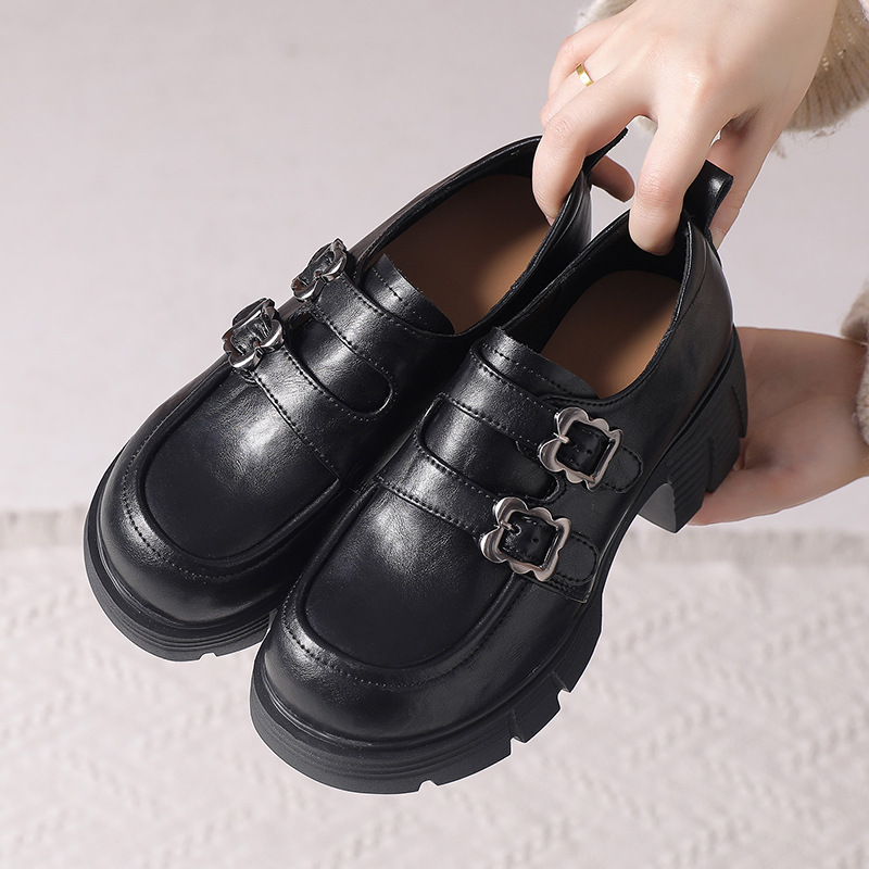 厚底真皮小皮鞋女英伦风年秋新款圆头单鞋金属扣带复古乐福鞋