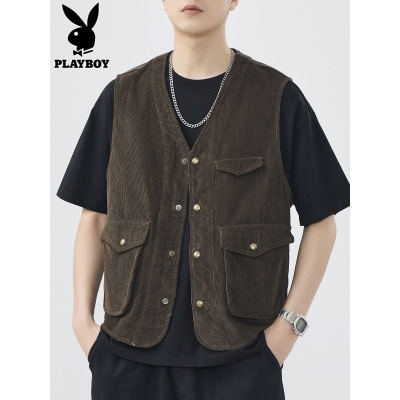 花花公子灯芯绒马甲男士工装背心2025年秋冬季新款日系马夹外套男