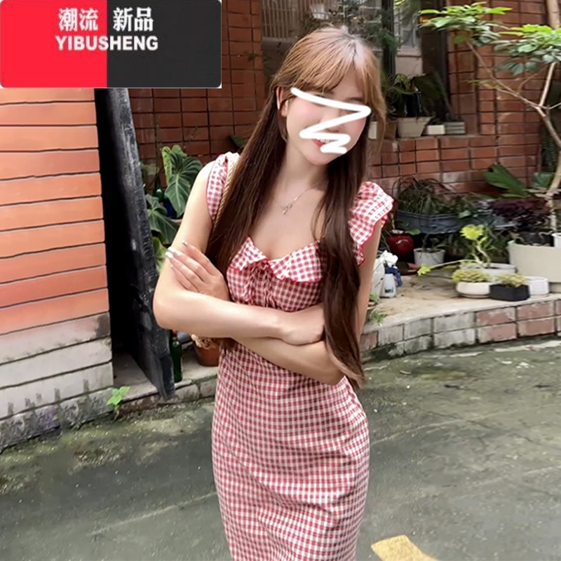 YIBUSHENG红色小飞袖吊带格子连衣裙子女季2024新款法式绝美收腰收腰长裙