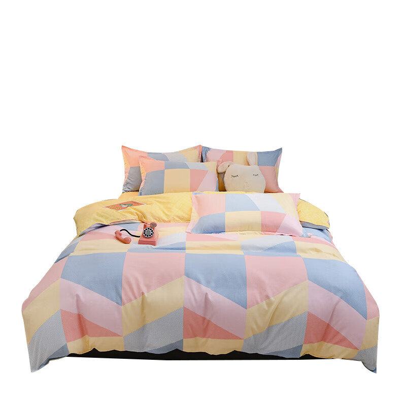 优福安达植物羊绒磨毛四件套 床单款 CP2024003 彩色调格 套