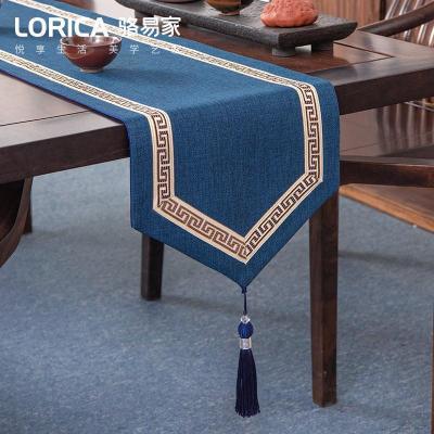 美式桌旗新中式禅意茶旗布现代简约茶几餐桌北欧电视柜布床旗定制福延年-蓝色（尖角款）33*420cm