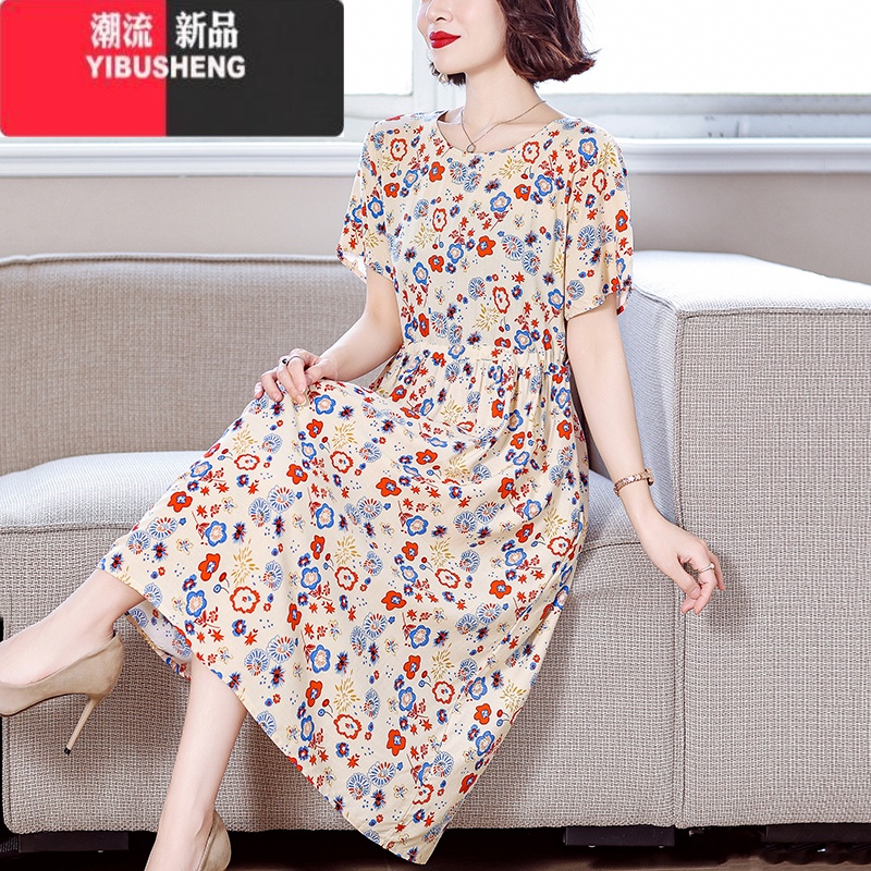 YIBUSHENG捡漏棉绸连衣裙女季外穿减龄宽松收腰遮肉妈妈气质碎花裙子