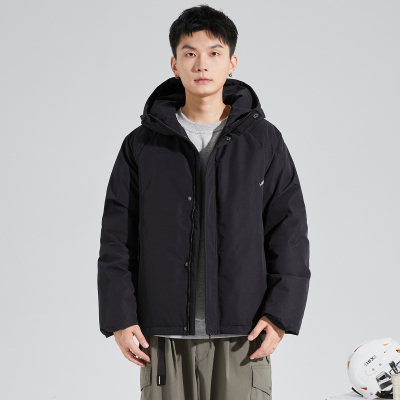 [2.5折价400元]唐狮新款男士羽绒服连帽拉链短款黑色简约休闲厚外套宽松夹克