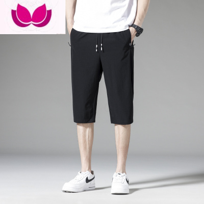 七斓冰丝短裤男士夏季薄款潮牌港风运动篮球外穿五分沙滩黑色大裤衩子