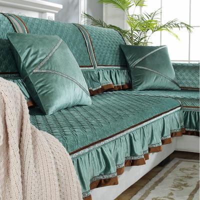 家柏饰(CORATED)毛绒沙发垫四季通用皮沙发防滑坐垫子简约现代时尚沙发套罩 暖熙-松绿 90*240cm+花边