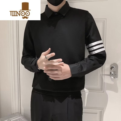 YANXU假毛衣男潮流三杠衬衫领欧洲站百搭套头上衣针织打底衫