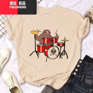YIBUSHENGSloth T shirt 季女装时尚卡通树懒印花卡其色圆领短袖T恤女
