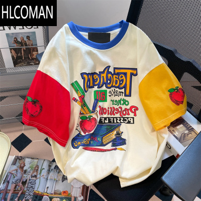 HLCOMAN美式chic港味复古撞色印花短袖t恤男女夏季潮牌高级感小个衣